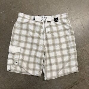 Carbon Mens Board Shorts White Tan Plaid Cargo Pocket Swim Trunks Size Large